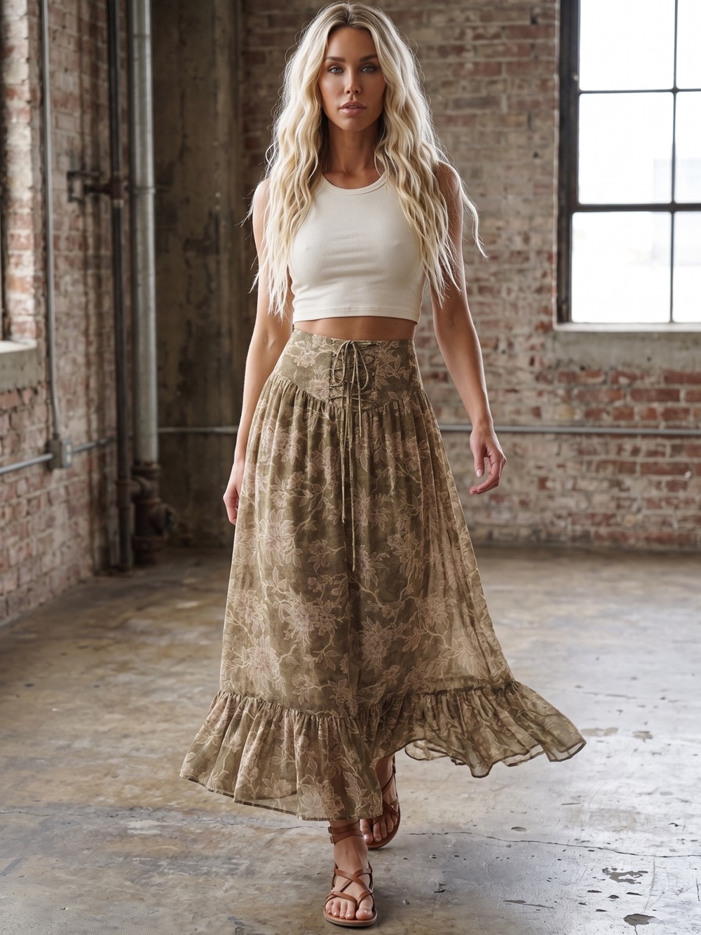 NWT Promesa Boho Floral Print Lace Up Wide Yoke Waistband Maxi Skirt